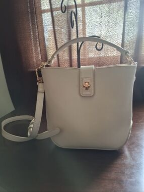 Anne Klein Cream Structured Crossbody Tote with Gold Hardware